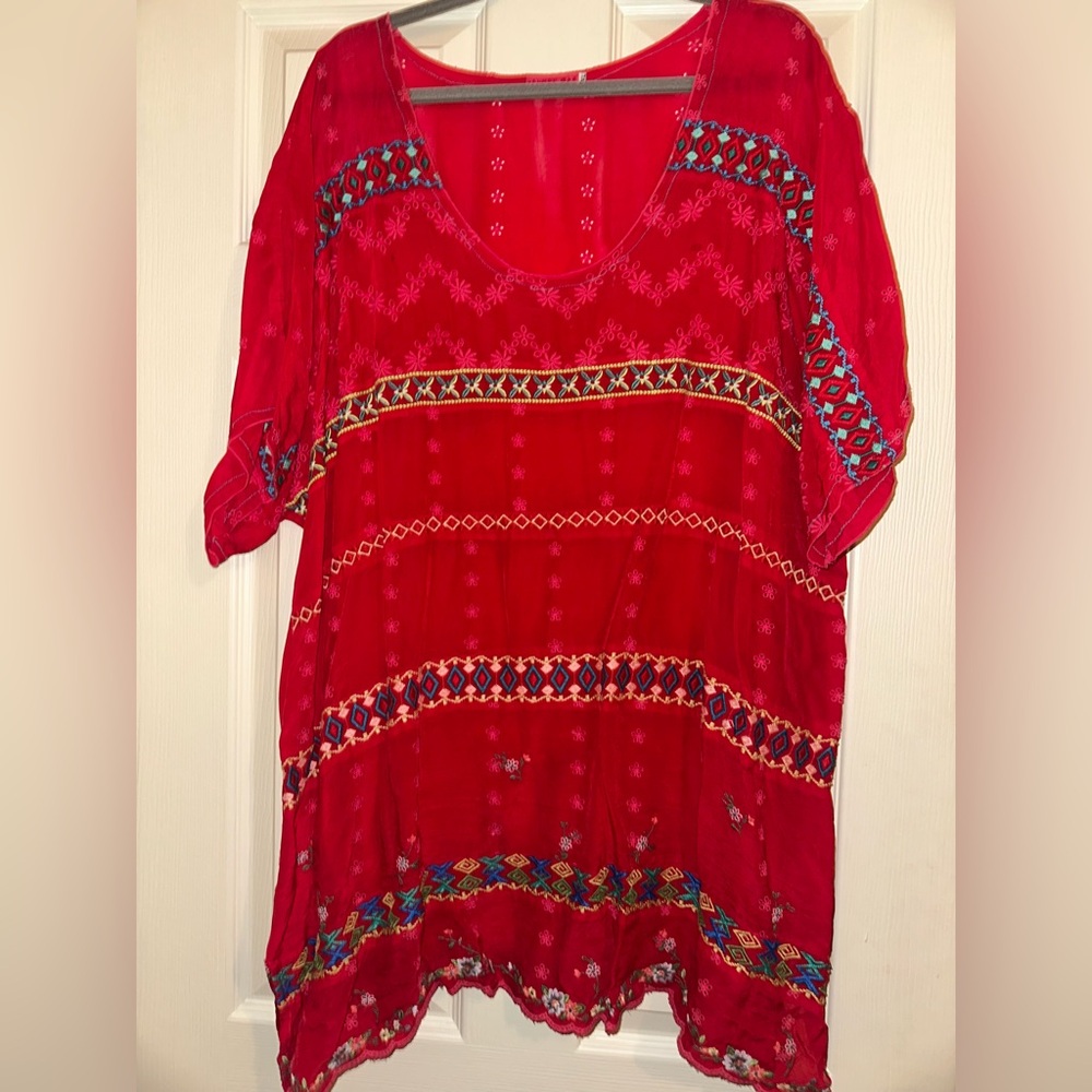 JOHNNY WAS Deep True Red Rayon Embroidered Top